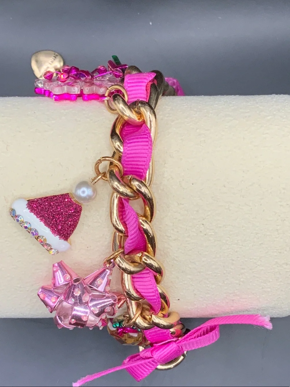 Betsey Johnson Hot Pink Ribbon Charm Bracelet with Gold Chain